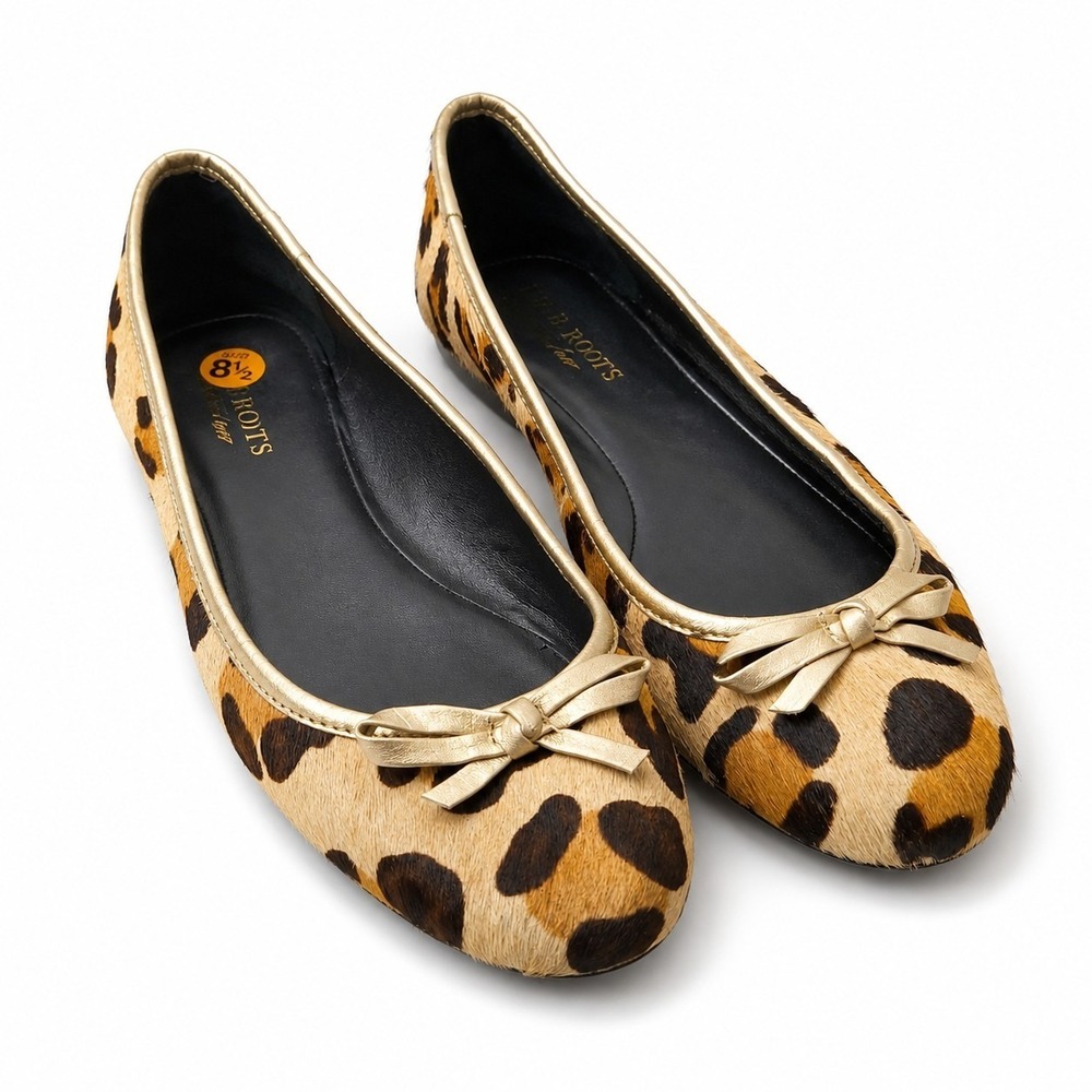 TALBOTS Leopard Print Calf Hair Ballet Flats Sz 8.5M Leather Gold Bow Detail Y2K